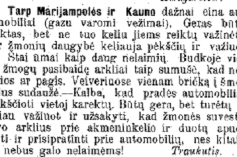 Keleivių vežimas Užnemunėje 1909-aisiais: pasibaidę arkliai ir reikalavimas važinėti lėčiau